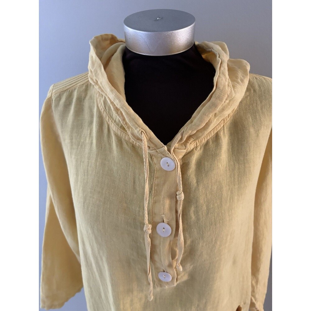 Fenini Hoodie Top Size L Yellow Linen Oversized Boxy Lagenlook Coastal Relaxed